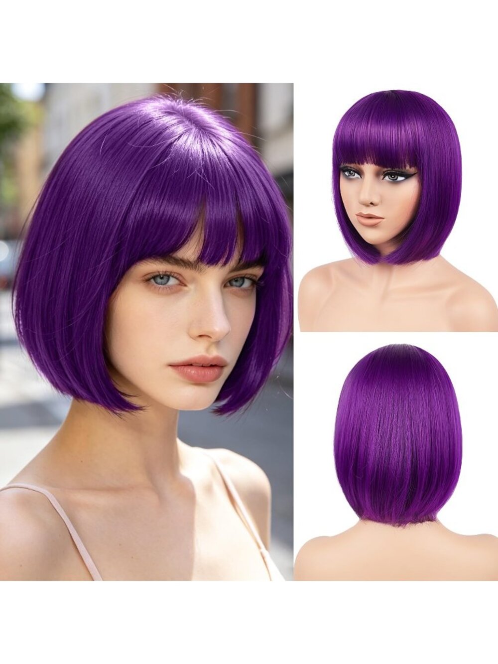 Women Dark Purple Heat Resistant Synthetic Bob Party Neon Wig Bangs 12 Inch